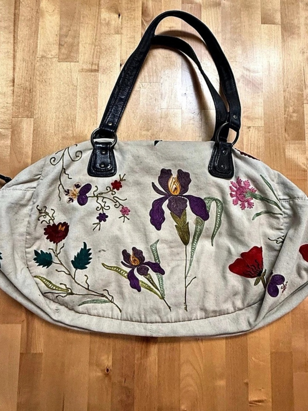 West for Anthropologie Embroidered Floral Tote in Cream & Green